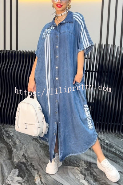 Fashion Letter Print Lapel Cardigan Loose Maxi Dress