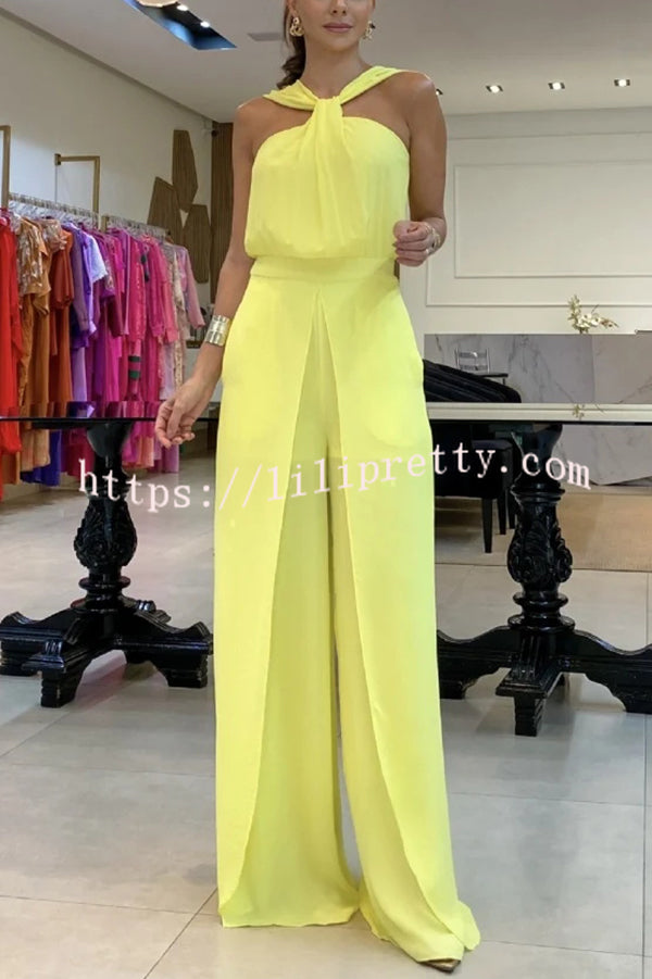 Solid Color Sleeveless Backless Halter Slit Wide Leg Jumpsuit