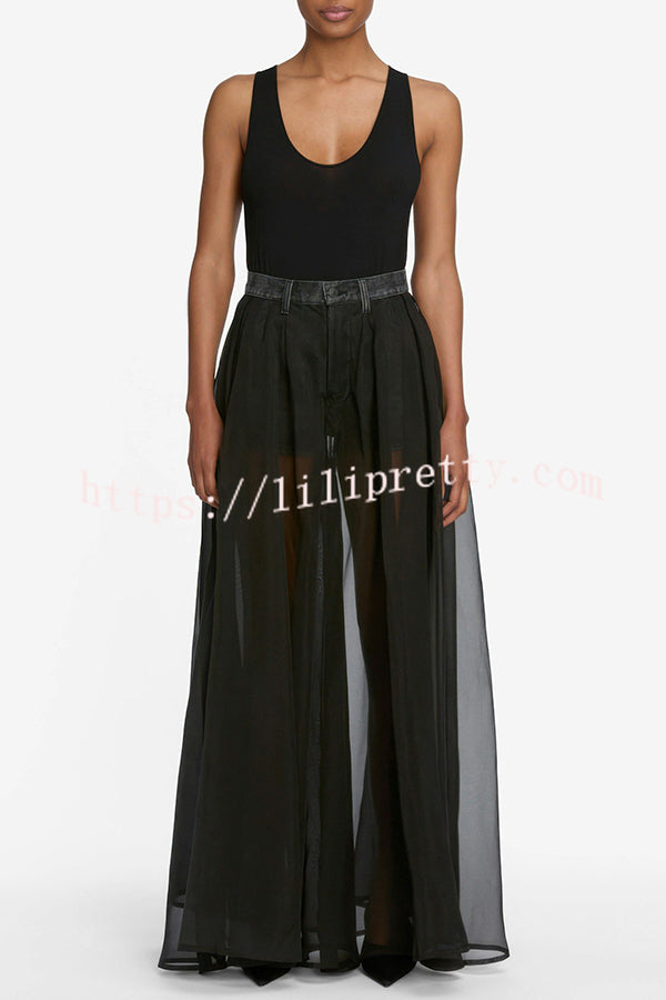 Avant-garde Fashion Denim Flowing Organza Patchwork Pocketed Wide Leg Jeans