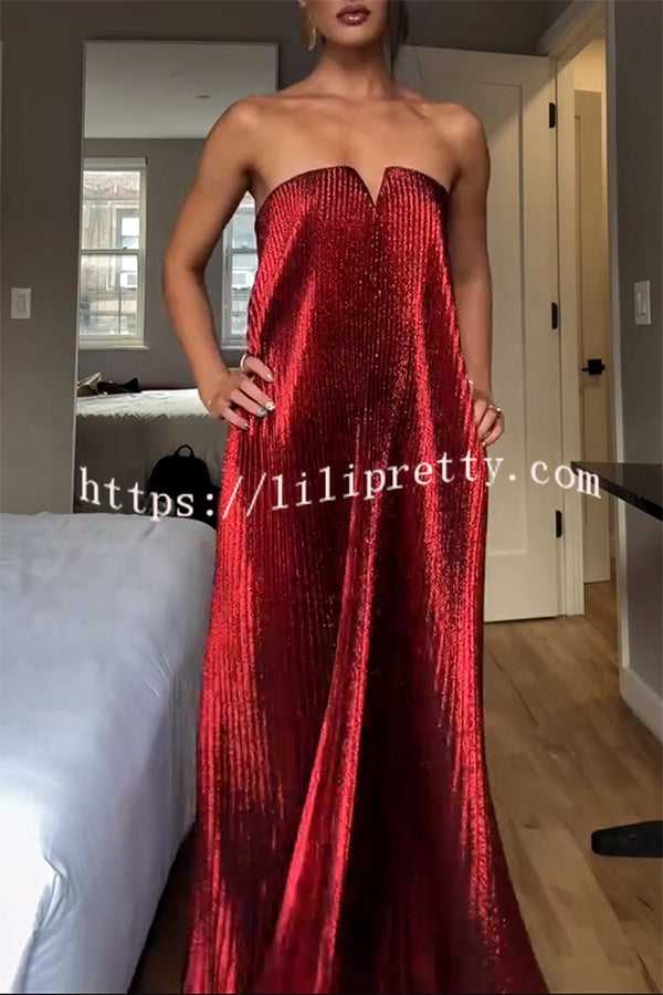 Party Time Pleated Metallic Fabric Off Shoulder Irregular Hem A-line Maxi Dress