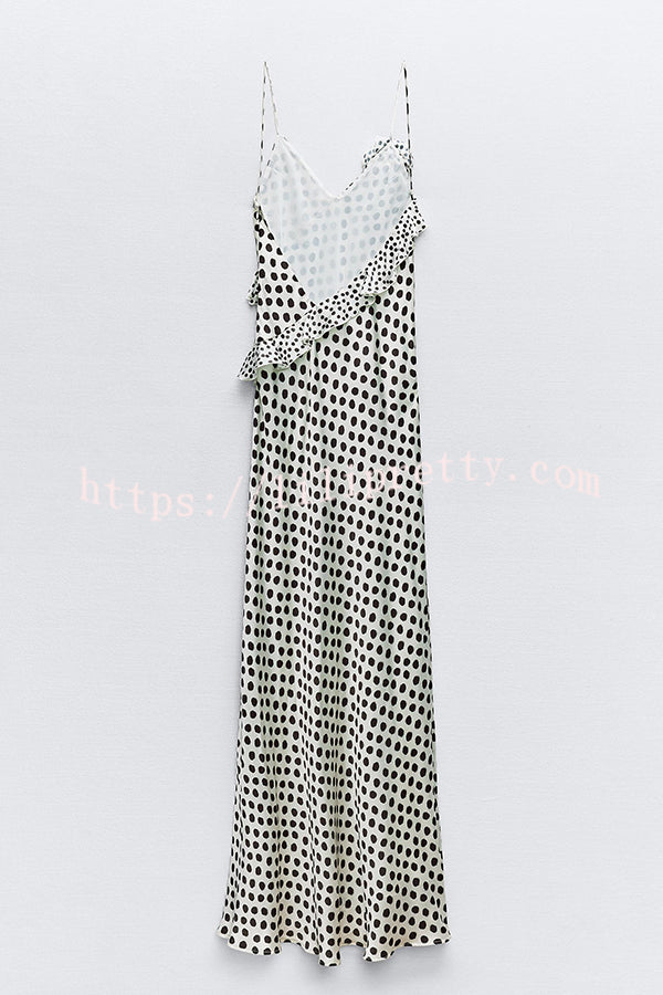 Another Dream Satin Poka Dot Print Raised Flower Design Ruffle Slip Maxi Dress