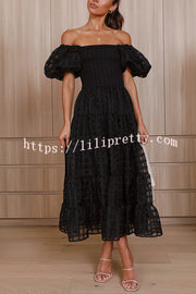 Solid Color Off-shoulder Lantern Sleeve Patchwork Midi Dress