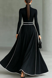 Stylish Color-blocked Trim High-neck Long-sleeved Casual Pockets Maxi Dress