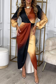 Romantic Sunset Gradient Print Ruched Balloon Sleeve Slit Maxi Dress