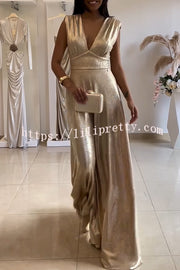Roisin Metallic Fabric Ruched Shoulder V-neck Wide Leg Drape Jumpsuit