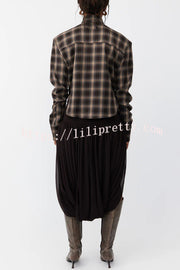 Vintage Plaid Shoulder Pad Buttons Long Sleeve Angled Hem Shirt