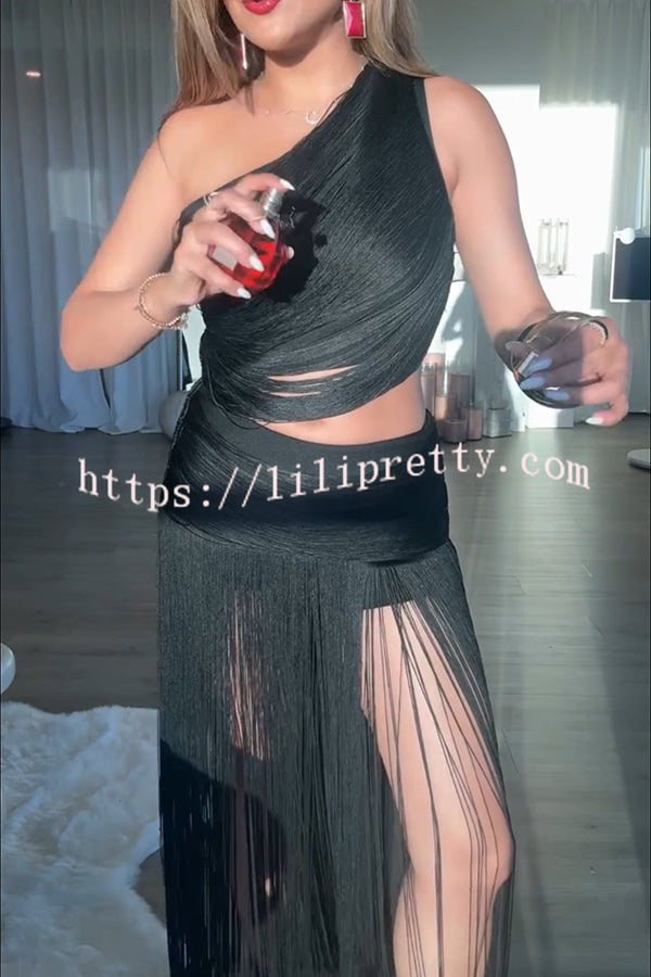 Dancing Miracle One Shoulder High Waist Hollow Design Tassel Hem Drape Mini Dress