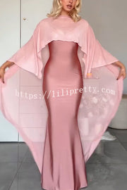 Party Charm Satin Sheer Chiffon High Low Cape Slip Maxi Dress