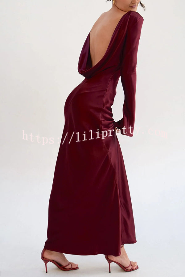 Satin Elegant Long-sleeved Open-back Slim-fit Slit Maxi Dress