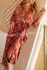 Lilipretty Elegant and Charming Satin Adjustable Waist Tie Button Draped Shirt Midi Dress