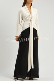 Fashion Contrast Color V-neck Tie High Waist Drape Maxi Dress