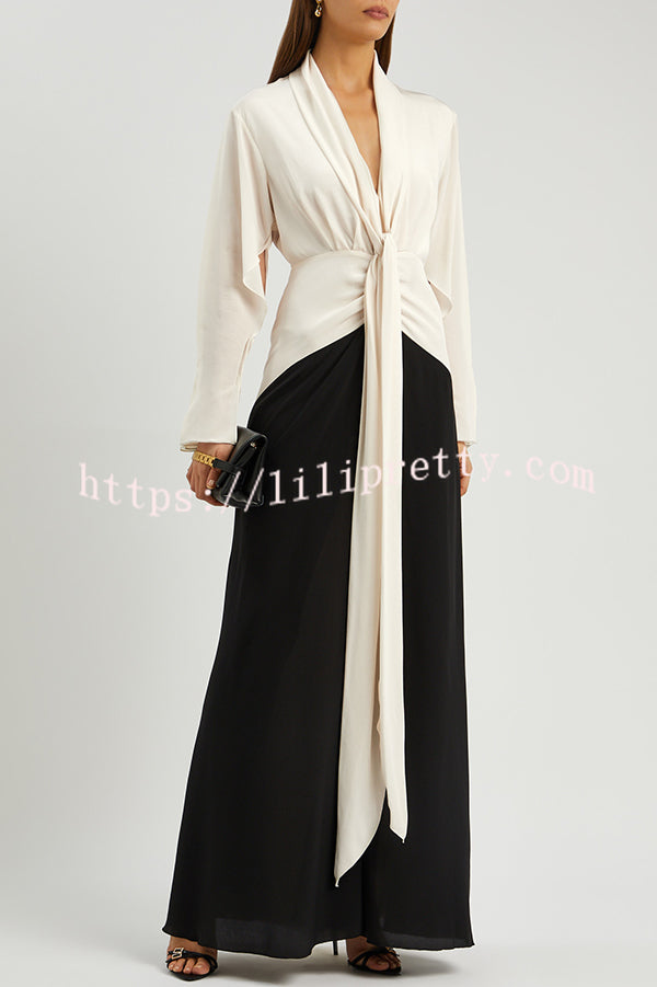Fashion Contrast Color V-neck Tie High Waist Drape Maxi Dress