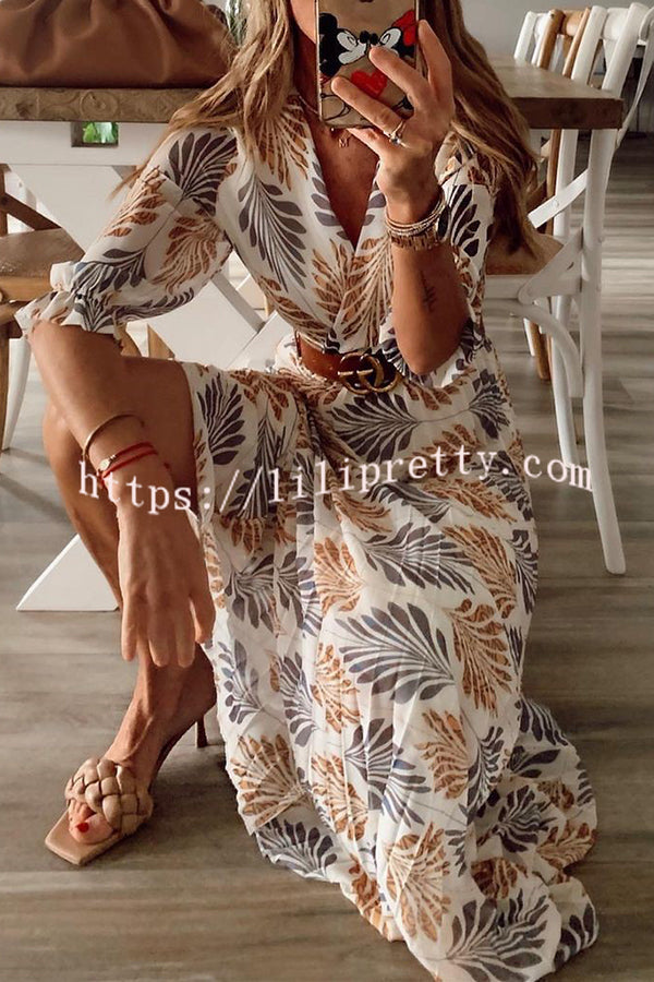 Lilipretty Botanical Print Pleated Long Sleeved Maxi Dress