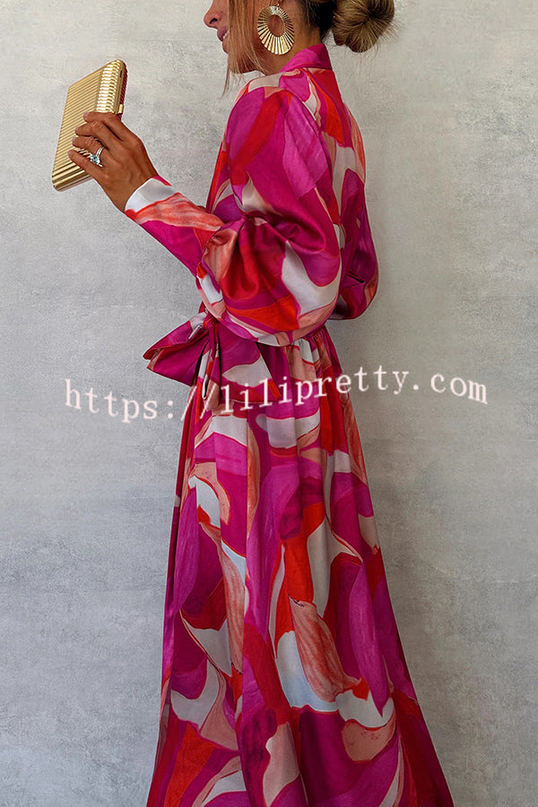 Unique Printed Long Sleeve V-neck Tie-up Waist Slit Maxi Dress