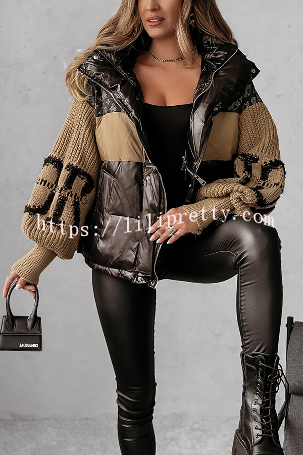 Stylish Denim Knit Long-sleeved Patchwork Hooded Pocket Thickened Jacket