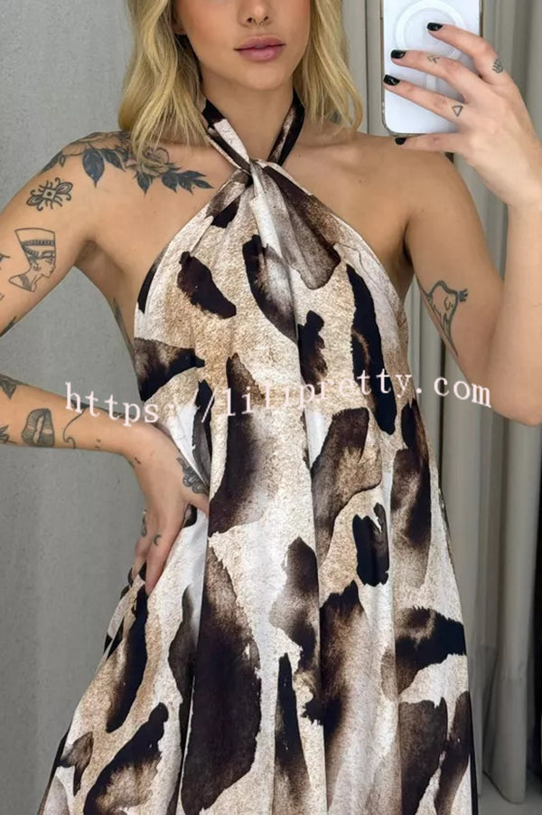 Leopard Print Sexy Halter Neck Backless Loose Maxi Dress