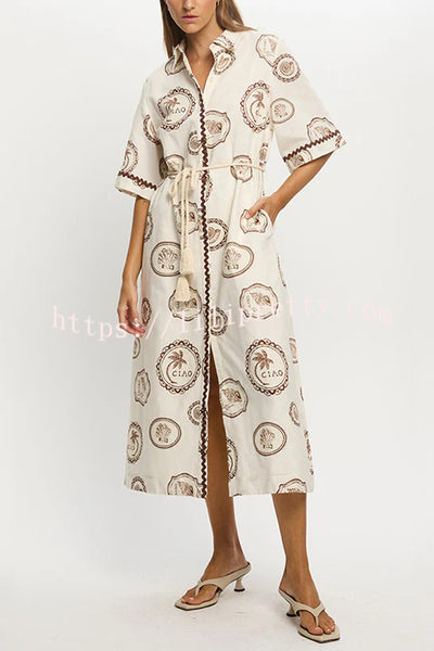 Resort Style Print Lapel Short Sleeves Casual Pocket Waist Tie Loose Midi Dress