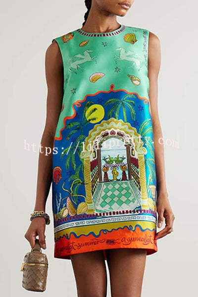 Natural Beauty Satin Unique Print Sleeveless H-line Mini Dress