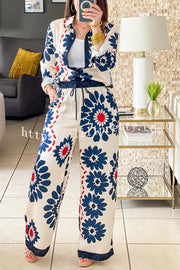Unique Printed Lapel Long-sleeved Loose Shirt and Casual Pocket Wide-leg Pants Set