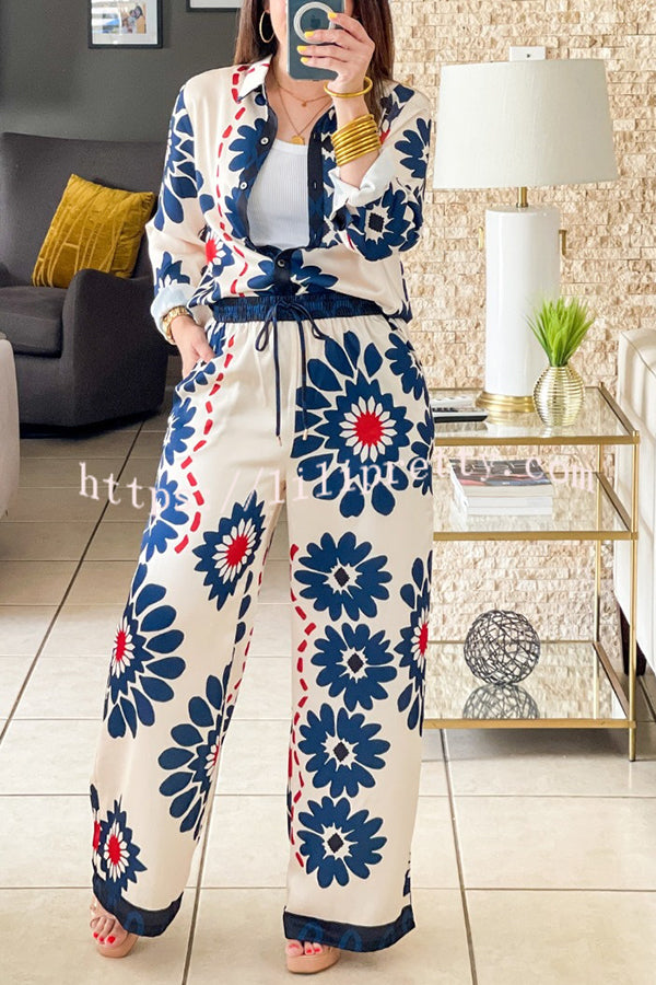 Unique Printed Lapel Long-sleeved Loose Shirt and Casual Pocket Wide-leg Pants Set