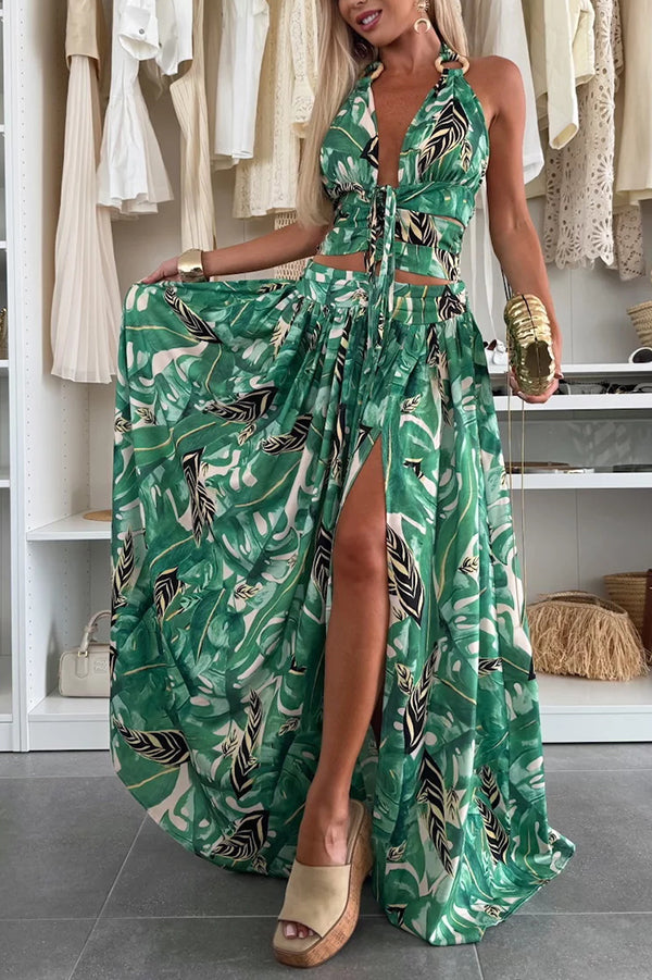 Amazon Scenery Unique Print Tie-up Cutout Waist Ring Halter Slit Maxi Dress