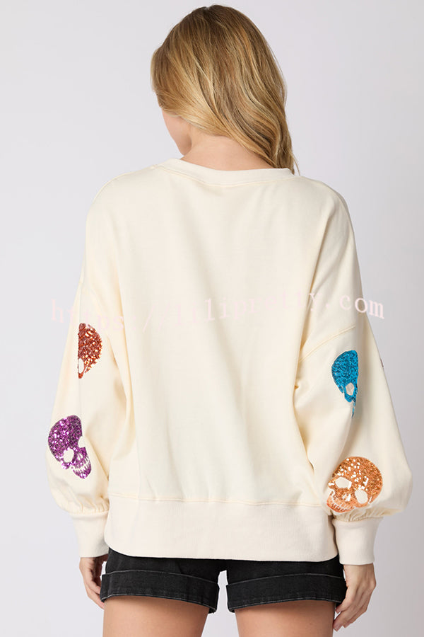 Halloween Skull Sequin Loose Casual Sweatshirt