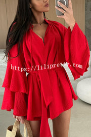 Solid Color V-neck Ruffled Long Sleeve Waist Tie Mini Dress