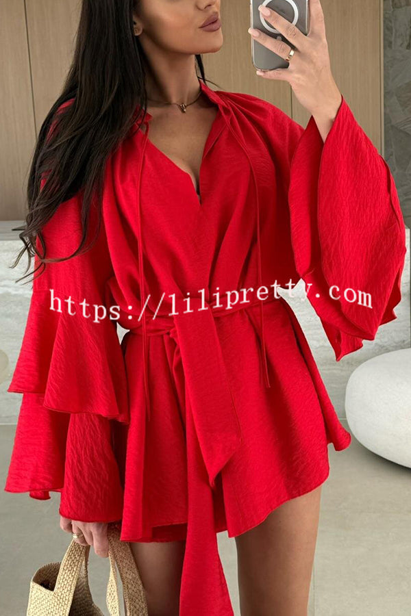 Solid Color V-neck Ruffled Long Sleeve Waist Tie Mini Dress