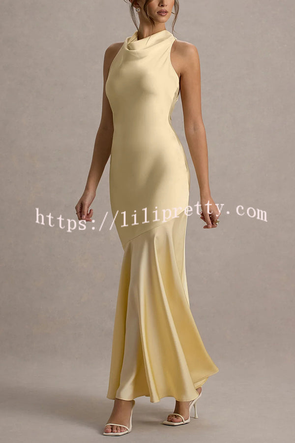 Timeless Sophistication Satin Cowl Detail Back Self-tie Halter Neck Maxi Dress