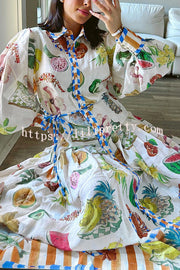 Lilipretty Hopeful Moments Tropical Fruit Print Balloon Sleeve Patchwork Shirt Midi Dress