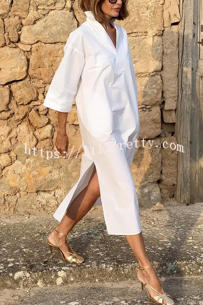 Solid Color V-neck Half-sleeve Loose Slit Midi Dress