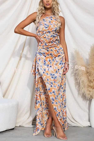 Lilipretty Intense Love Floral One Shoulder Asymmetrical Ruffle Trim Maxi Dress