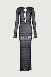 Ensley Knit Contrast Spiral Trim Cutout Long Sleeve Vacation Maxi Dress