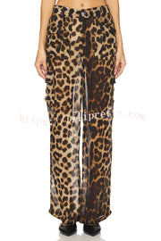 Minka Chiffon Leopard Elastic Waist Pocketed Loose Cargo Pants