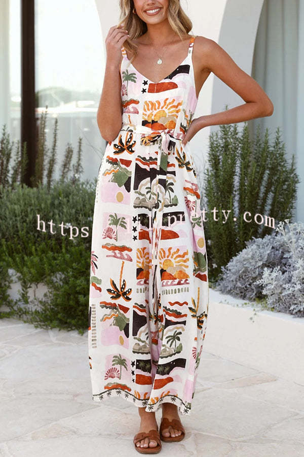 Unique Beach Vacation Print V-neck Suspenders Casual Wide-leg Jumpsuit