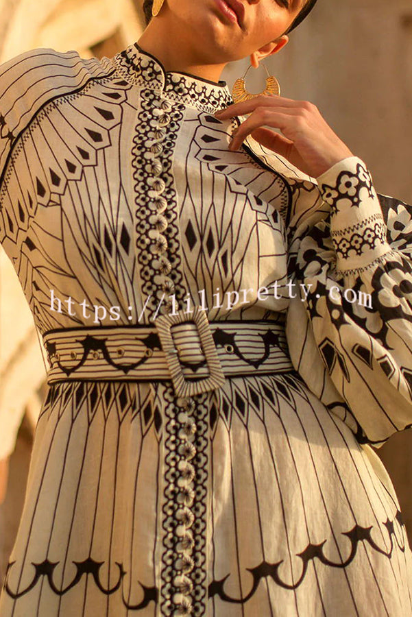 Perfect for Spring Linen Blend Ethnic Print Button Balloon Sleeve Belted Shirt Midi Dress