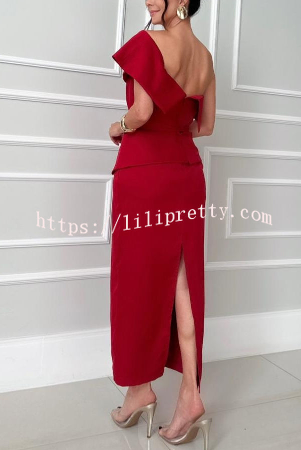 Sweet Party One Shoulder Lapel Neck Sleeveless Bow Belt Pencil Midi Dress