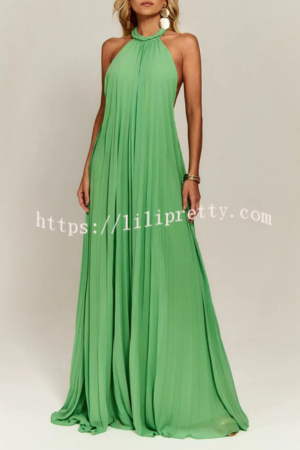 Gabie Chiffon Pleated Braided Halter Neck Backless A-line Maxi Dress