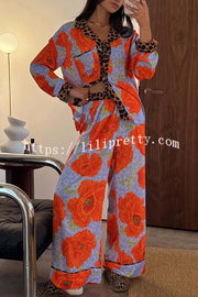 Color-block Poppy Leopard Print Trim Loose Shirt and Elastic Waist Pocketed Pajama Set