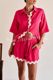 Wave Trimmed Button Down Shirt and Elasticated Waist Pocket Lace Up Shorts Set