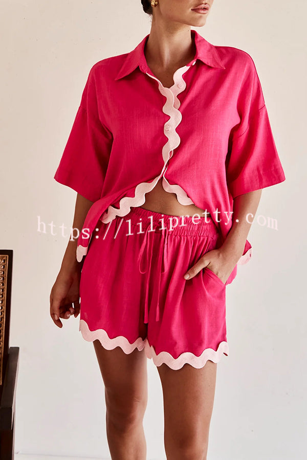 Wave Trimmed Button Down Shirt and Elasticated Waist Pocket Lace Up Shorts Set