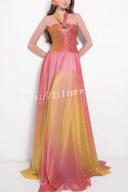 Vireya Metallic Fabric Gradient Print Ruched Cutout Halter Maxi Dress