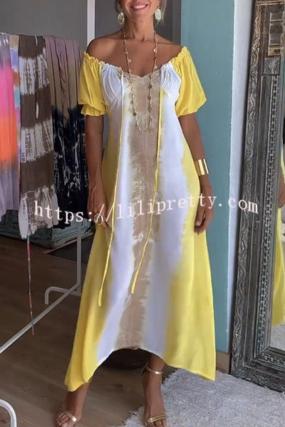 Lilipretty Jorga Tie Dye Print Drawstring Off Shoulder Puff Sleeve Midi Dress