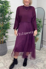 Fenna Ribbed Sequin Trim Batwing Sleeve Sweater and Pleated Tulle Stretch Tank Midi Dress Two-piece Set