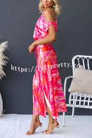 Satin Unique Print One Shoulder Tie Waist Slit Maxi Dress