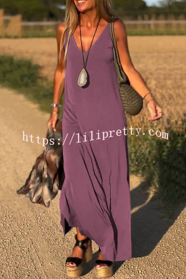 Solid Color V-neck Sleeveless Casual Loose Maxi Dress