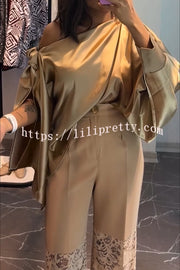 Chic Moment Satin Irregular Knot Slit Sleeve One Shoulder Loose Blouse