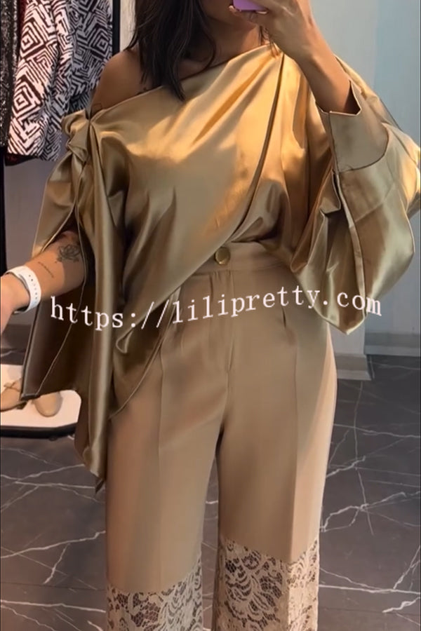 Chic Moment Satin Irregular Knot Slit Sleeve One Shoulder Loose Blouse