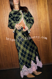 Holiday plaid Satin Unique Print Patchwork Lace Stretch Waist Draped Maxi Skirt