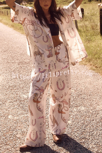 Linen Blend Unique Printed Short-sleeved Shirt and Elastic Waisted Baggy Pants Set